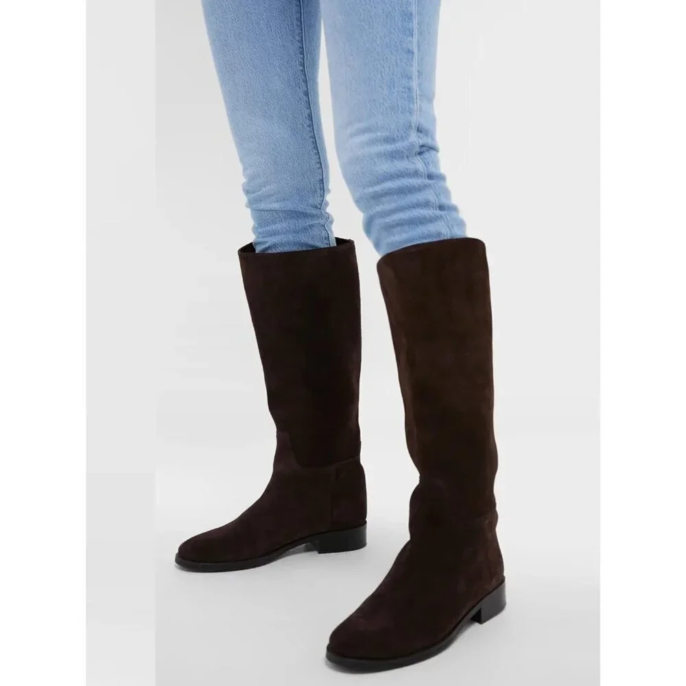 Women's Dark Brown Suede Chunky Low Heels Toe Side Zipper Knee High Boots Rubber